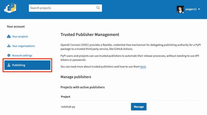 Navigating to the publishing tab in PyPI site